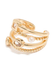 Red Earrings: Gold Diamante & Pearl Layered Ear Cuff