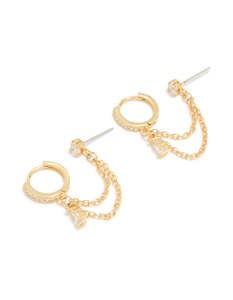 Ear Stacks: Gold Plated Cubic Zirconia Pear Layered Chain Huggie Earrings