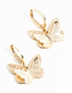Gold Earrings: Gold Double Butterfly Stamp Huggie Earrings