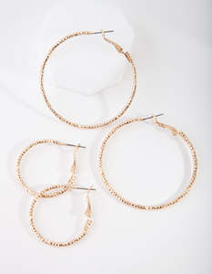 Gold Earrings: Gold Triple Diamond Cut Hoop Earring Pack