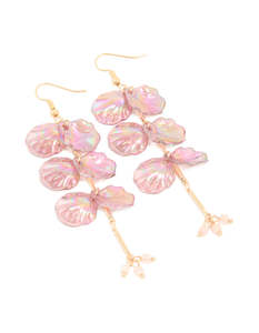 Gold Earrings: Gold Pink Iridescent Petal Drop Earrings