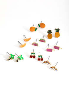 Gold Earrings: Gold Summer Fruit Enamel 8-Pack Earring