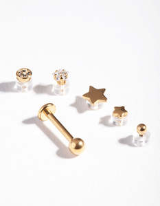 Gold Earrings: Gold Plated Surgical Steel Flat Back Single Bar with Interchangeable Star Ends 6-Pack