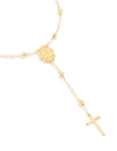 Pink: Gold Plated Pink Beaded Lariat Cross Necklace