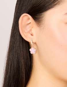 Pink: Gold Light Pink Flower Drop Huggie Earrings