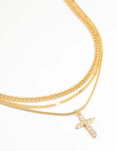Layered Necklaces: Gold Plated Cross & Chain Layered Necklace
