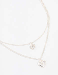 Layered Necklaces: Silver Double Chain Heart Diamante Necklace