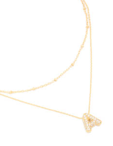 Layered Necklaces: Gold Plated Cubic Zirconia Pave Bubble Letter A Layered Necklace