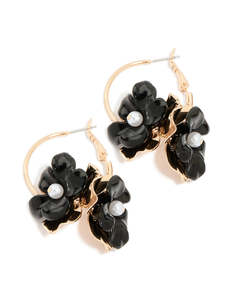 Black Earrings: Gold Beaded Centre Double Black Flower Hoop Earrings