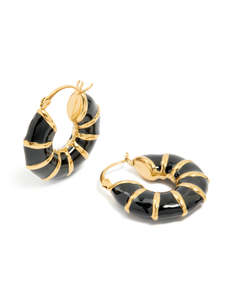 Black Earrings: Waterproof Gold Plated Stainless Steel Black Enamel Bamboo Hoop Earrings