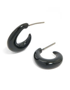 Black Earrings: Black Coated Metal Warped Chunky Open Hoop Earrings