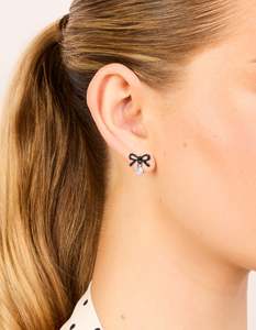 Black Earrings: Black Coated Metal & Diamante Bow Drop Stud Earrings