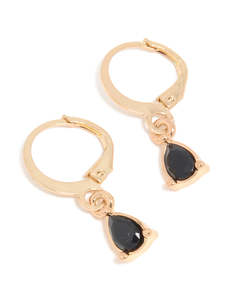 Black Earrings: Gold Black Diamante Pear Drop Huggie Earrings