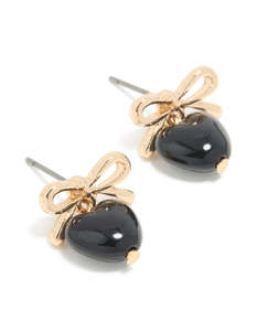 Black Earrings: Gold Black Bubble Heart & Bow Drop Earrings