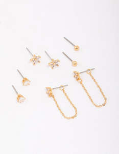 Gold Plated Brass Heart & Flower Chain Earring 4-Pack