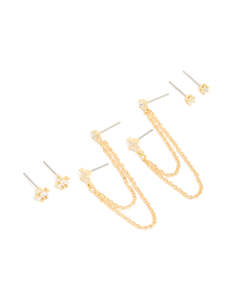 Ear Stacks: Gold Plated Cubic Zirconia Double Chain & Stud Stacker Earrings 3-Pack