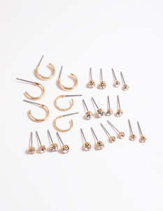 Ear Stacks: Gold Diamante Stud & Hoop Earrings