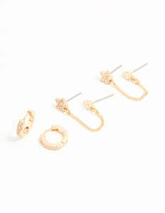 Gold Cubic Zirconia Chain & Flower Huggie Earrings 2-Pack