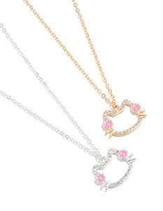 Kids Necklaces: Kids Mixed Metal Diamante Best Friends Cat Necklace 2 Pack