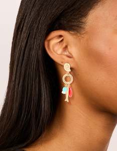 Gold Red Beaded & Fish Charm Drop Earrings