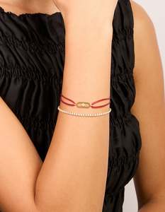 Red: Waterproof Stainless Steel Cubic Zirconia Tennis & Red Cord Bracelet Set