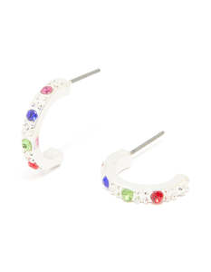 Red: Silver Diamante Multicoloured Huggie Earrings