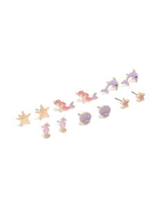 Star Earrings: Kids Gold Mermaid & Dolphin Stud Earrings 6-Pack