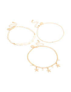 Star Earrings: Gold Shell & Star Fish Anklets 3-Pack