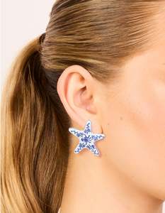 Star Earrings: Gold White & Dark Blue Painted Floral Starfish Stud Earrings