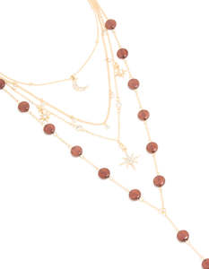 Star Earrings: Gold Celestial Multi Rust Beaded Layered Y-Necklace