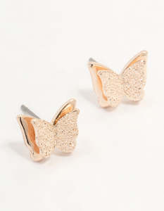 Rose Gold: Rose Gold Sandblast Butterfly Stud Earrings