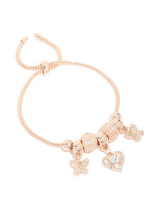 Rose Gold: Rose Gold Diamante Heart & Butterfly Charm Toggle Bracelet