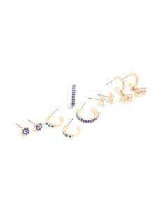 Cross Earrings: Gold Diamante Evil Eye & Cross Earrings 5-Pack