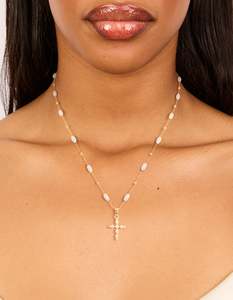 Gold Plated Cubic Zirconia Cross & Pearl Necklace