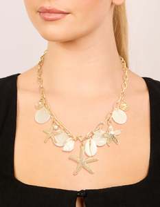 Gold Necklaces: Gold Genuine Shell Disc & Beach Charm Necklace