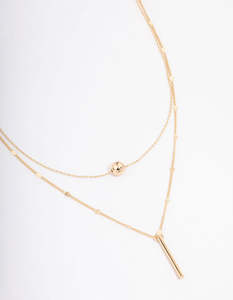 Gold Necklaces: Gold Bar & Ball Double Chain Short Necklace