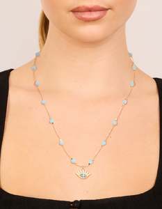 Gold Necklaces: Gold Plated Blue Beaded & Evil Eye Pendant Necklace