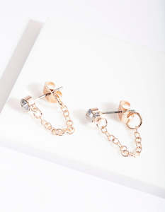 Rose Gold Earrings: Rose Gold Crystal Chain Stud Earrings