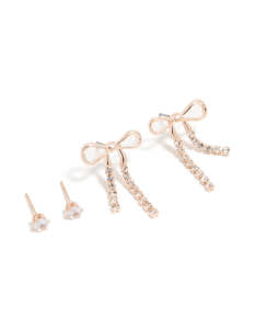 Rose Gold Earrings: Rose Gold Diamante Stud & Cup Chain Bow Earrings 2- Pack