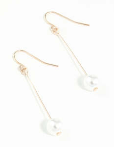 Rose Gold Earrings: Rose Gold Fine Stick & Pearl Drop Earrings
