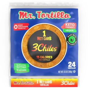 Bread Wraps: 1 Net Carb, 3 CHILLIES 15 Calorie Tortillas - 24 Count