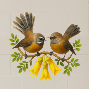 Products: SPECIAL - Twin Fantail on Kowhai decal for glass - 31 x 32cm