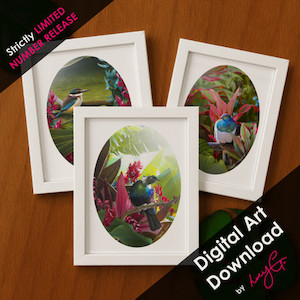 Products: SPECIAL LIMITED RELEASE - 3 x DIGITAL DOWNLOADS - Tui, Kingfisher & Kingfisher oval artworks A4