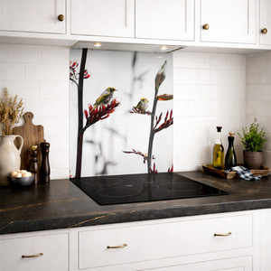 SPECIAL Silvereye on Flax 600 x 750mm DIY install printed glass splashback