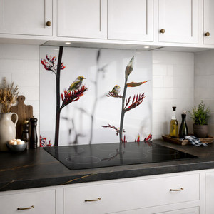 SPECIAL Silvereye on Flax 900 x 750mm DIY install printed glass splashback