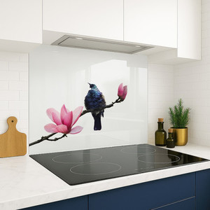 SPECIAL Tui on Pink Magnolia 900m x750 DIY install printed glass splashback