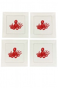Octopus – 100% Linen Embroidered Cocktail Napkins (Set of 4)