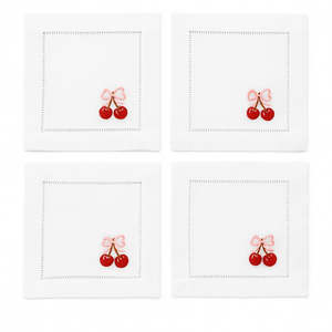Cherry – 100% Linen Embroidered Cocktail Napkins (Set of 4)