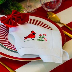 Christmas Cardinal Bird – 100% Linen Embroidered Dinner Napkin (Sold Individually)