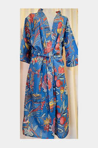 Midi Robes: 100% Cotton Robe - Royal Blue Birds and Flowers